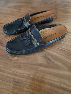 Cole Haan Black Leather Tassel Loafers with Tan Interior